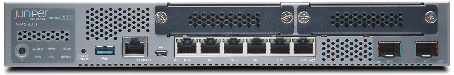 SRX320 - Juniper SRX Series SRX320 6 x Ports 1Gb RJ-45 + 2 x Ports 1GbE SFP + 2 x Ports Mini-PIM WAN 1U Desktop Services Gateway Network Security Firewall Appliance