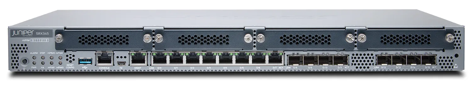 SRX345 - Juniper SRX Series SRX345 8 x Ports 1000Base-T + 8 x Ports SFP (mini-GIBIC) + 4 x Expansion Slots Front to back Airflow 1U Rack-mountable Services Gateway