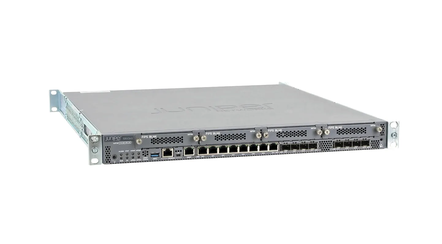 SRX345-SYS-JE - Juniper SRX Series SRX345 8 x Ports 1000Base-T + 8 x Ports SFP (mini-GIBIC) + 4 x Expansion Slots Front to back Airflow 1U Rack-mountable Services Gateway
