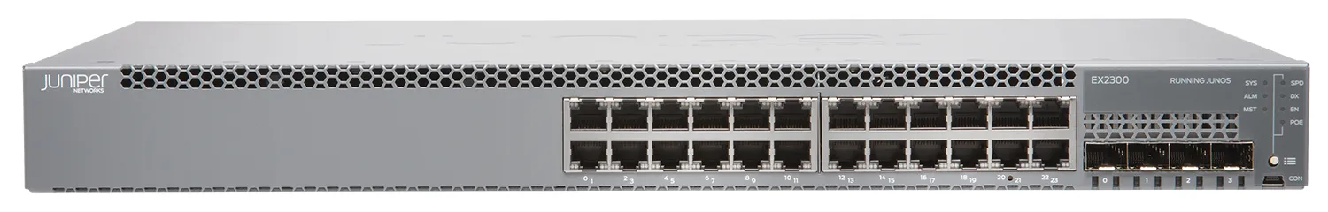 Juniper EX2300-24T-DC EX2300 Series EX2300-24T 24xRJ-45 Ports 10/100/1000Base-T + 4xSFP+ Ports Layer3 Managed Gigabit Ethernet Switch
