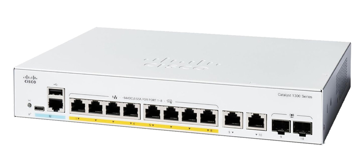 Cisco Catalyst 1300-8FP-2G is a managed Layer 3 Full PoE+ Gigabit Ethernet switch designed for small and medium-sized businesses.