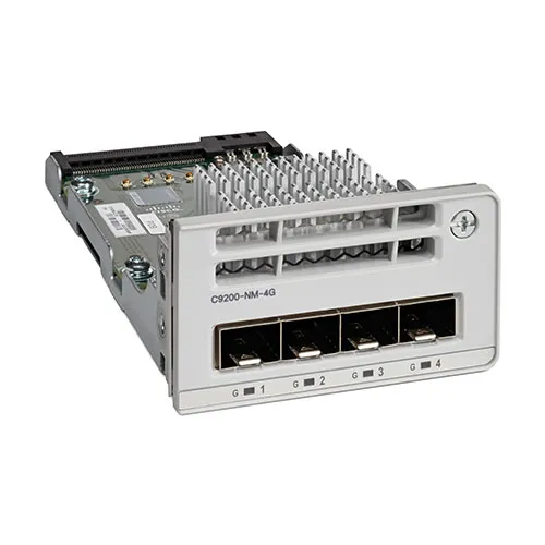 Cisco C9200-NM-4G is a 4-port Gigabit Ethernet network module designed for Cisco Catalyst 9200 Series switches, providing flexible uplink connectivity