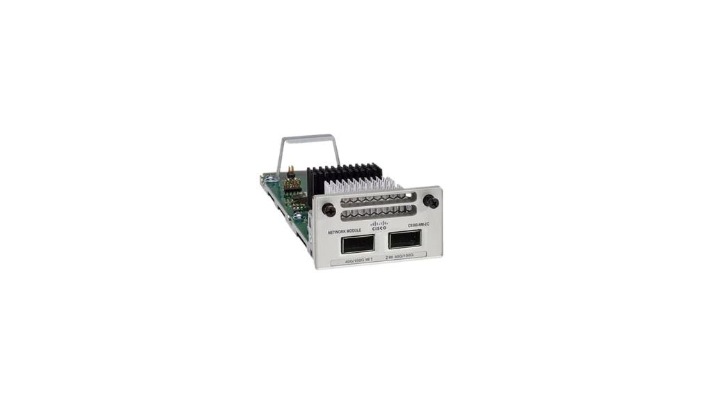 The Cisco C9300X-NM-2C is a 2-port network module for Catalyst 9300X Series switches, supporting 40G and 100G Ethernet connectivity via QSFP+ interfaces