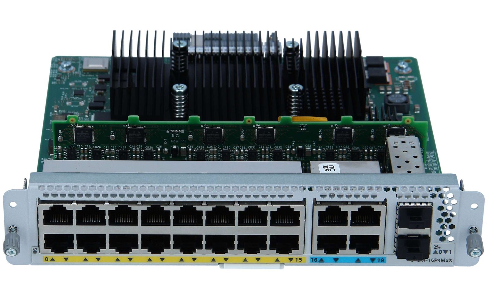The Cisco C-SM-16P4M2X is a modular small form-factor (SFP) network interface card designed for Cisco routers, providing 16 ports with a mix of 4 Gigabit Ethernet and 2 Gigabit Ethernet SFP interfaces